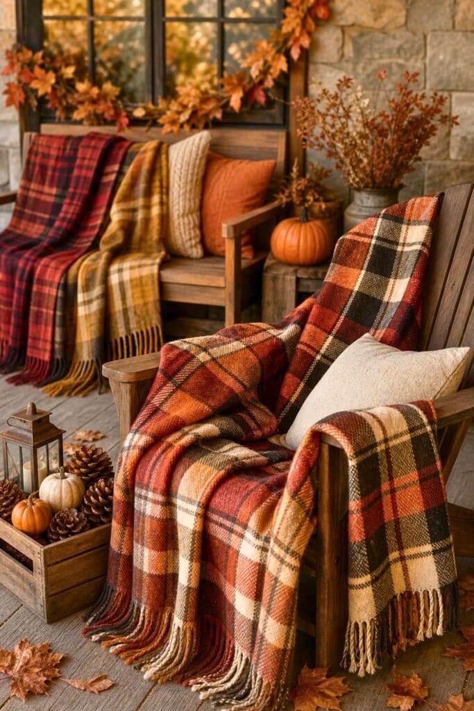 Plaid throw blankets draped over chairs and benches with fall decorations around them.