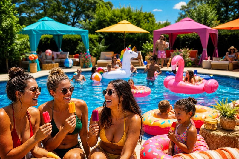 People enjoying a sunny pool party with colorful floaties, shade tents, and popsicles around a clear swimming pool.
