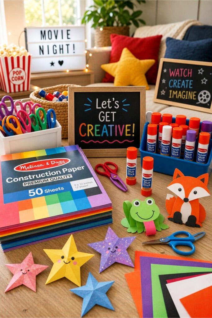 A children's craft station with colorful construction paper, glue sticks, and paper crafts arranged on a table indoors.