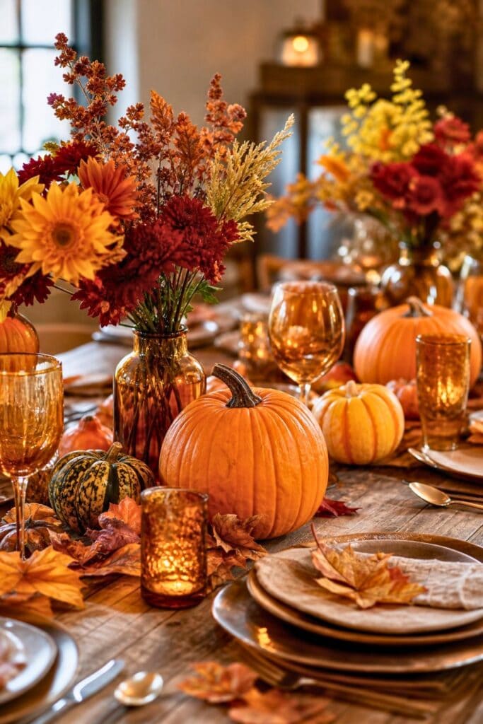 A rustic wooden table decorated with pumpkins, amber glassware, autumn leaves, and fall flowers arranged for a harvest party.