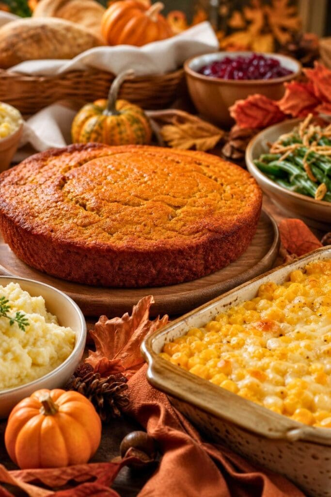 A fall buffet table with pumpkin cornbread and corn casserole surrounded by autumn decorations.