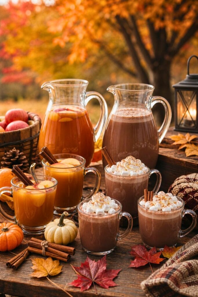 A fall drink station with mugs and pitchers of apple cider and hot chocolate surrounded by pumpkins and autumn decorations on a wooden table.