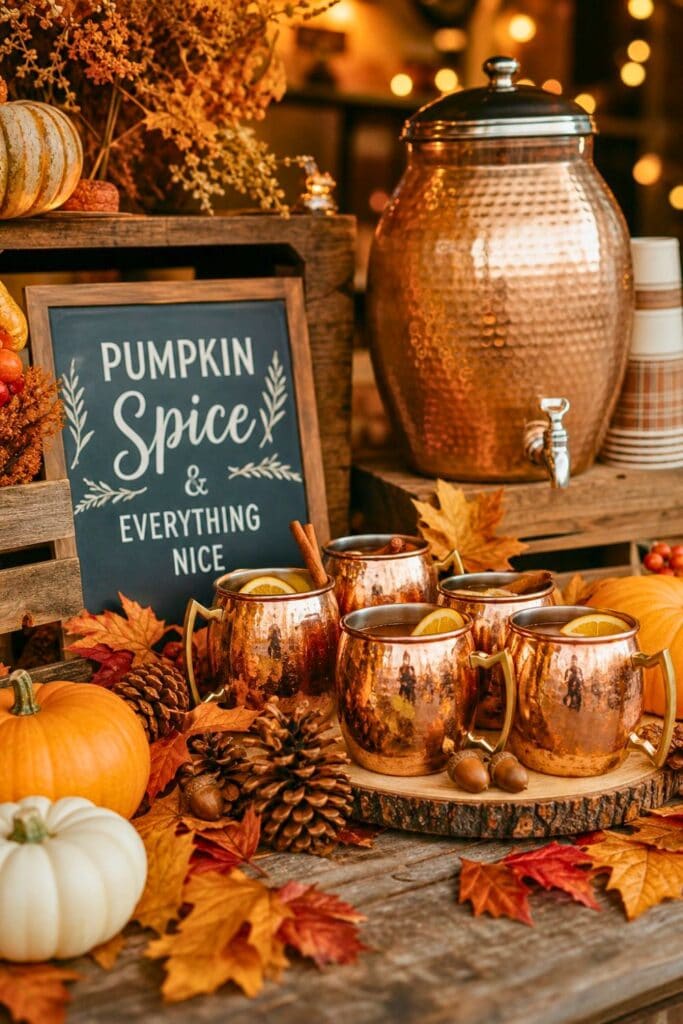 A fall-themed drink station with copper mugs, pumpkins, and autumn decorations on a wooden table.