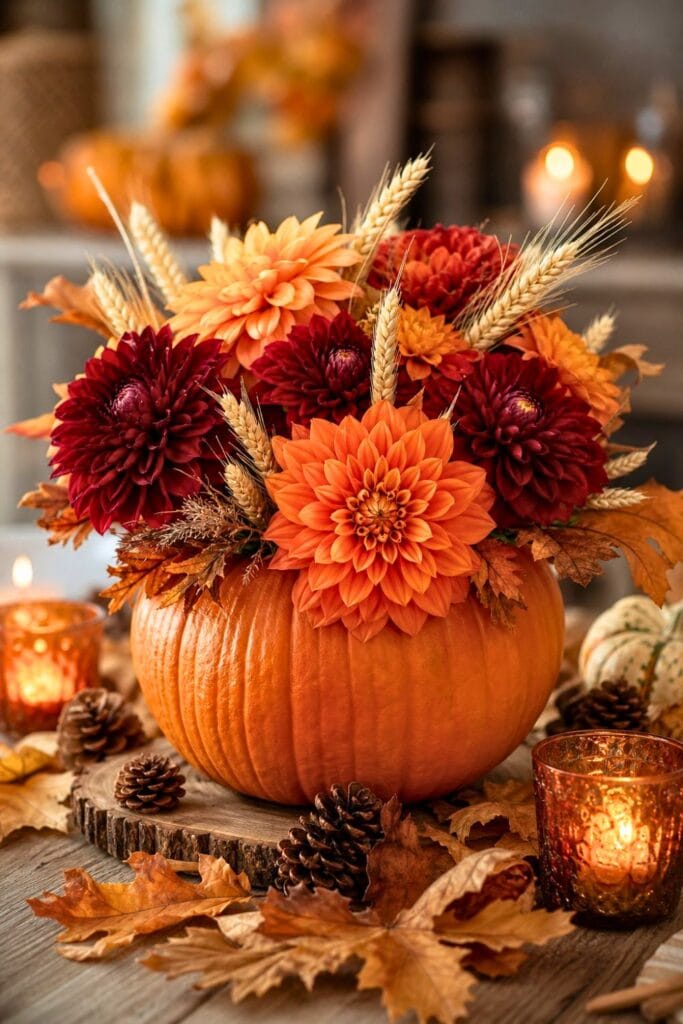A pumpkin filled with orange and red dahlias and wheat stalks arranged as a fall centerpiece on a wooden table with autumn decorations.