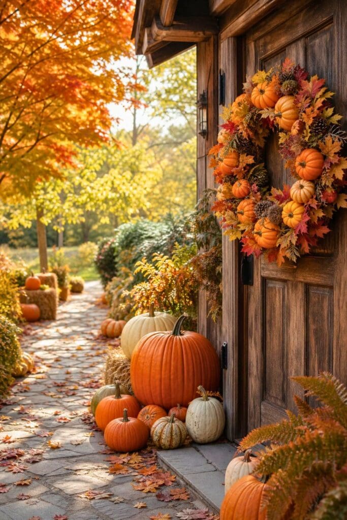 Walkway decorated with a fall wreath on a door, pumpkins, hay bales, and autumn leaves.