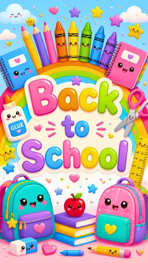 Cute rainbow school supplies phone wallpaper with smiling pencils, crayons, notebooks, backpacks, and Back to School text.
