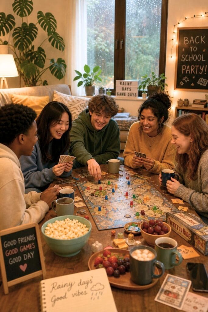 A group of teenagers playing board games indoors on a rainy day, smiling and enjoying a game night together.