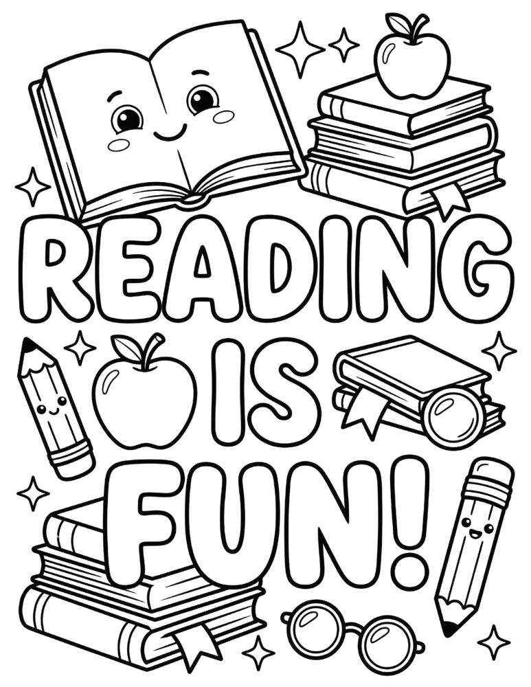 Reading Is Fun coloring page with bubble letters, smiling open book, stack of books, bookmark, apple, pencils, and stars.