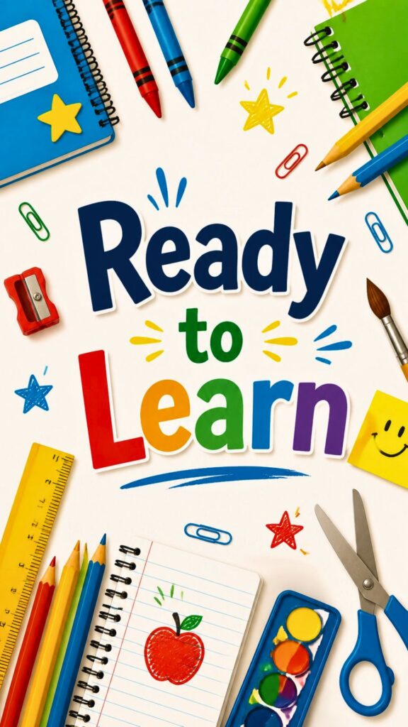 Colorful classroom wallpaper featuring school supplies and bold Ready to Learn typography.
