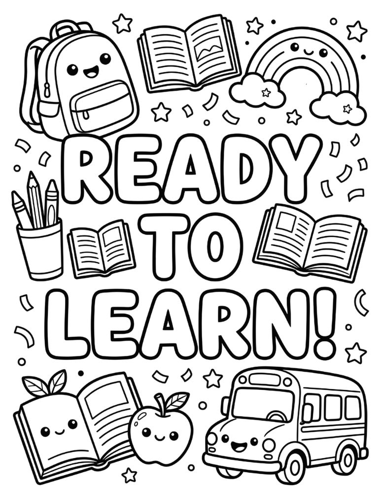 Ready to Learn coloring page with bubble letters, backpack, books, pencils, rainbow, stars, and school bus.