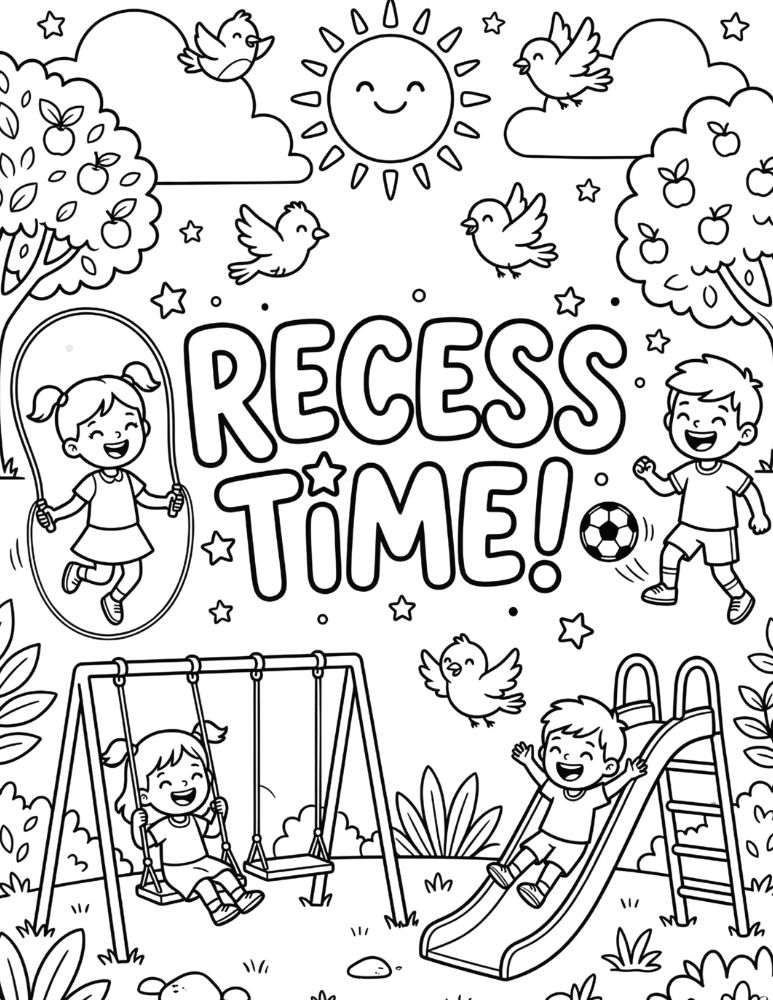 Recess Time coloring page with bubble letters, playground, swings, slide, children playing, sunshine, clouds, and trees.