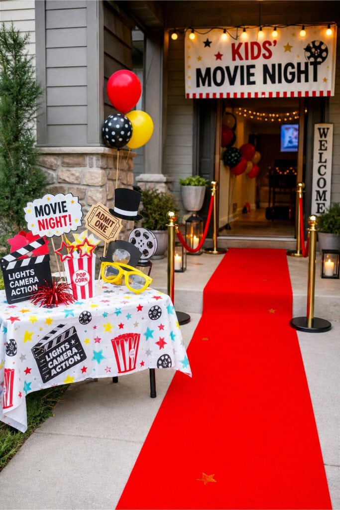 Red carpet entrance with a decorated table holding photo props for a kids' movie night party.