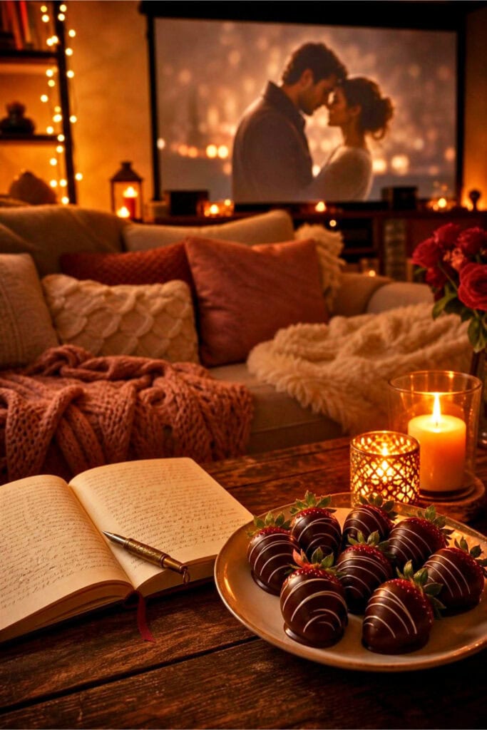 A cozy living room with a notebook, chocolate-covered strawberries on a plate, and soft candlelight creating a romantic atmosphere for a date night.