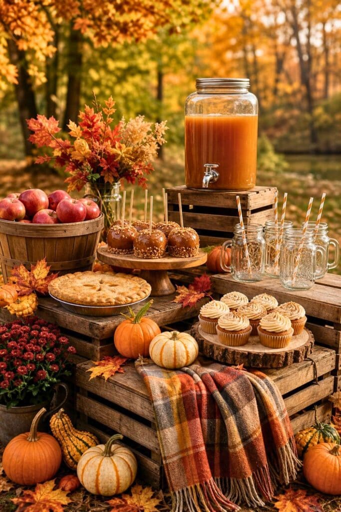 A rustic outdoor drink and dessert station with wooden apple crates displaying apple cider and fall-themed desserts surrounded by autumn leaves and pumpkins.