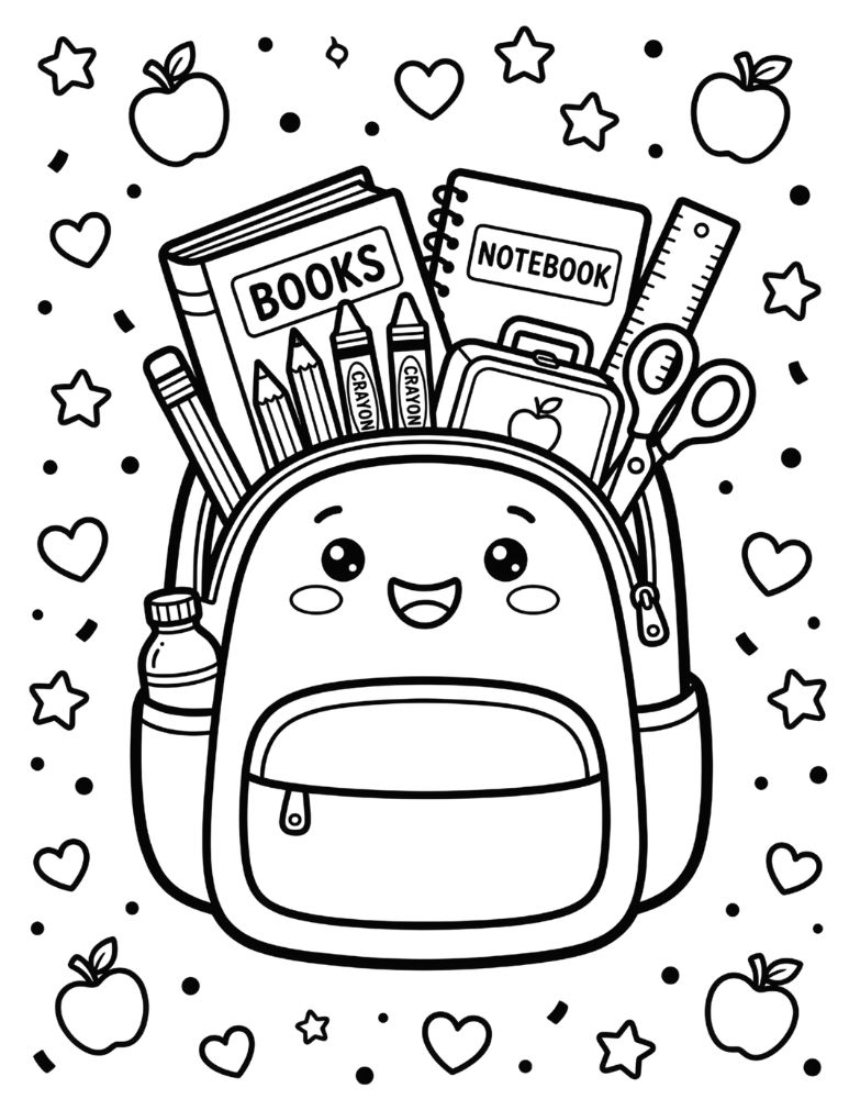 School backpack coloring page with smiling backpack, books, pencils, crayons, lunchbox, ruler, scissors, and stars.