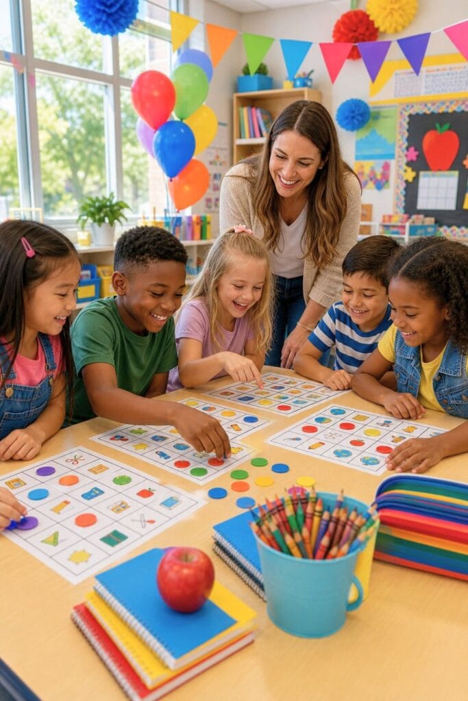 Children playing bingo together at a decorated classroom table during a back-to-school party.