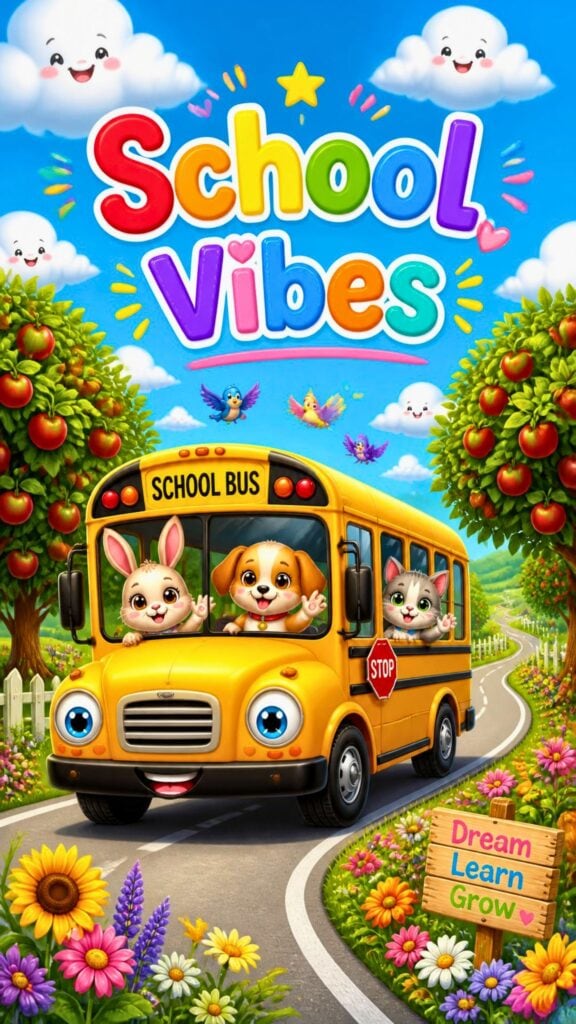 Colorful school bus phone wallpaper with smiling animals, flowers, blue sky, and School Vibes text for kids.