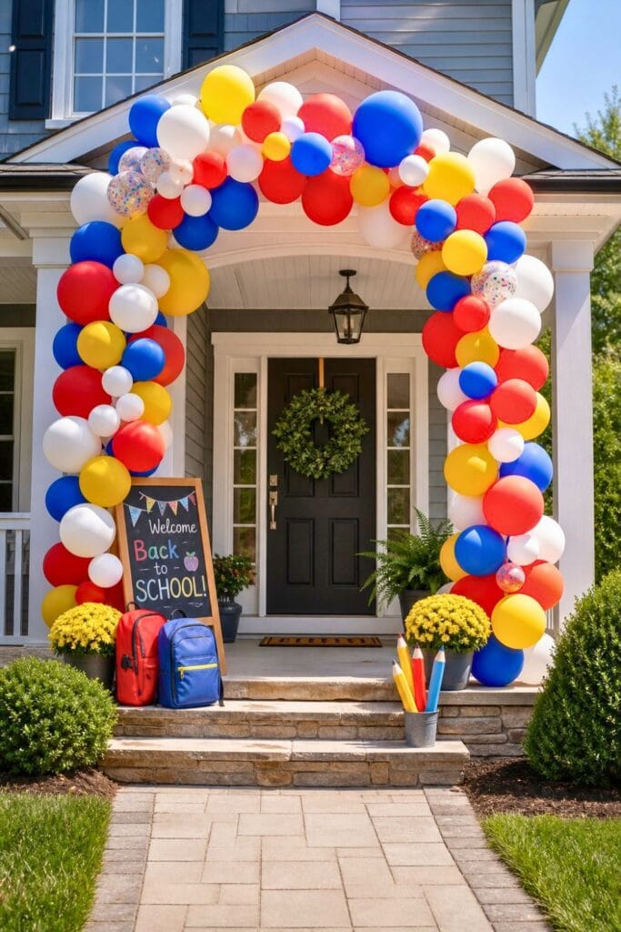 Front porch entrance decorated with a colorful balloon arch in school colors and seasonal plants.