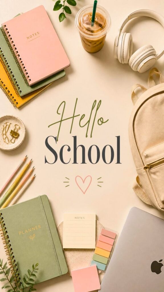 Modern flat lay phone wallpaper featuring planners, notebooks, coffee, headphones, and Hello School text.