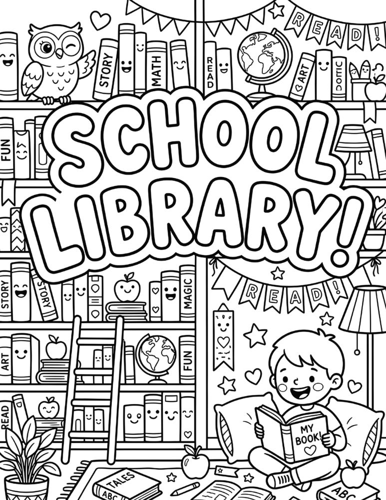 School library coloring page with bubble letters, bookshelves, smiling books, reading corner, owl, bookmarks, and stars.