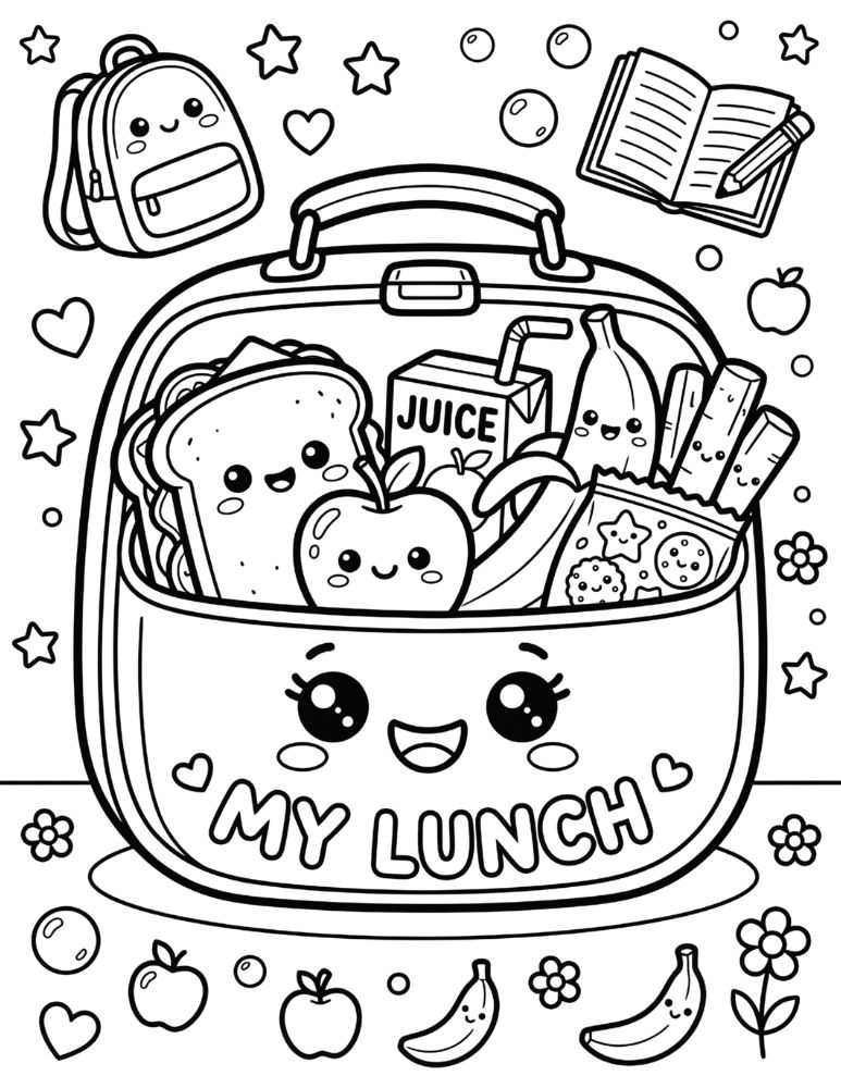 School lunch coloring page with a smiling lunchbox, sandwich, apple, juice box, banana, carrot sticks, cookies, and stars.