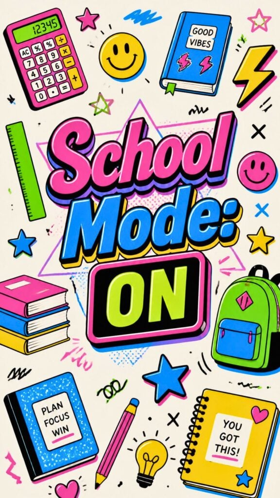 Fun retro back to school wallpaper with calculators, backpacks, books, rulers, stars, and School Mode ON typography.