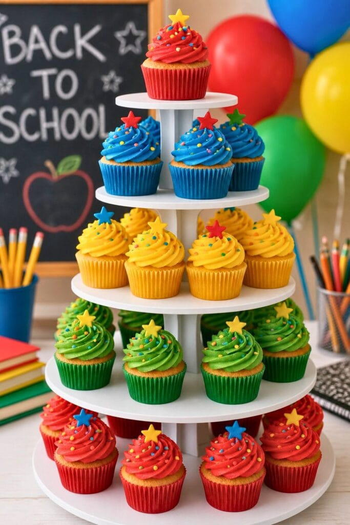 A multi-tiered cupcake tower decorated with colorful frosting and school-themed decorations in team colors, set in a festive party environment.
