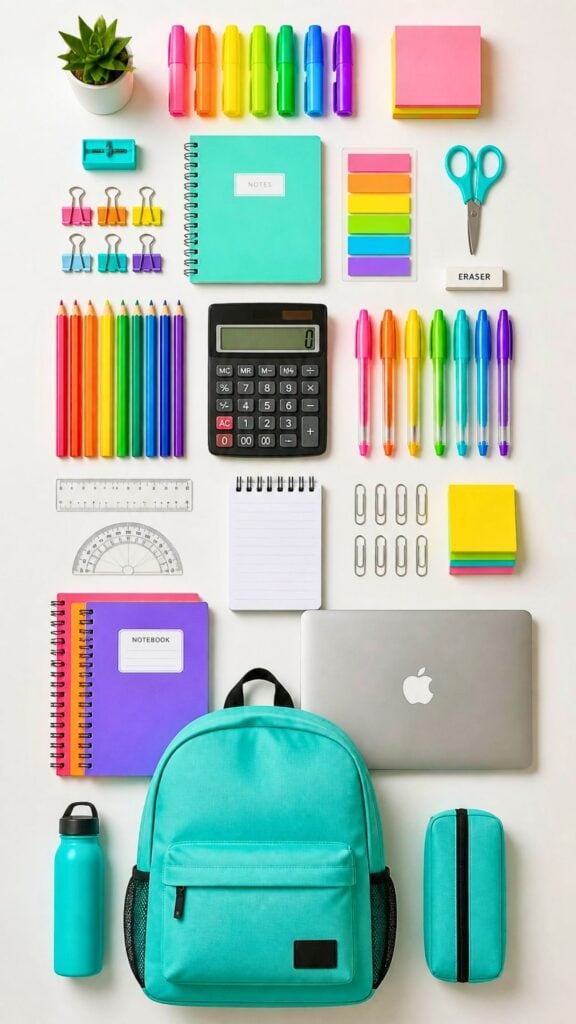 Bright flat lay wallpaper featuring colorful notebooks, pencils, rulers, calculators, markers, and backpack.