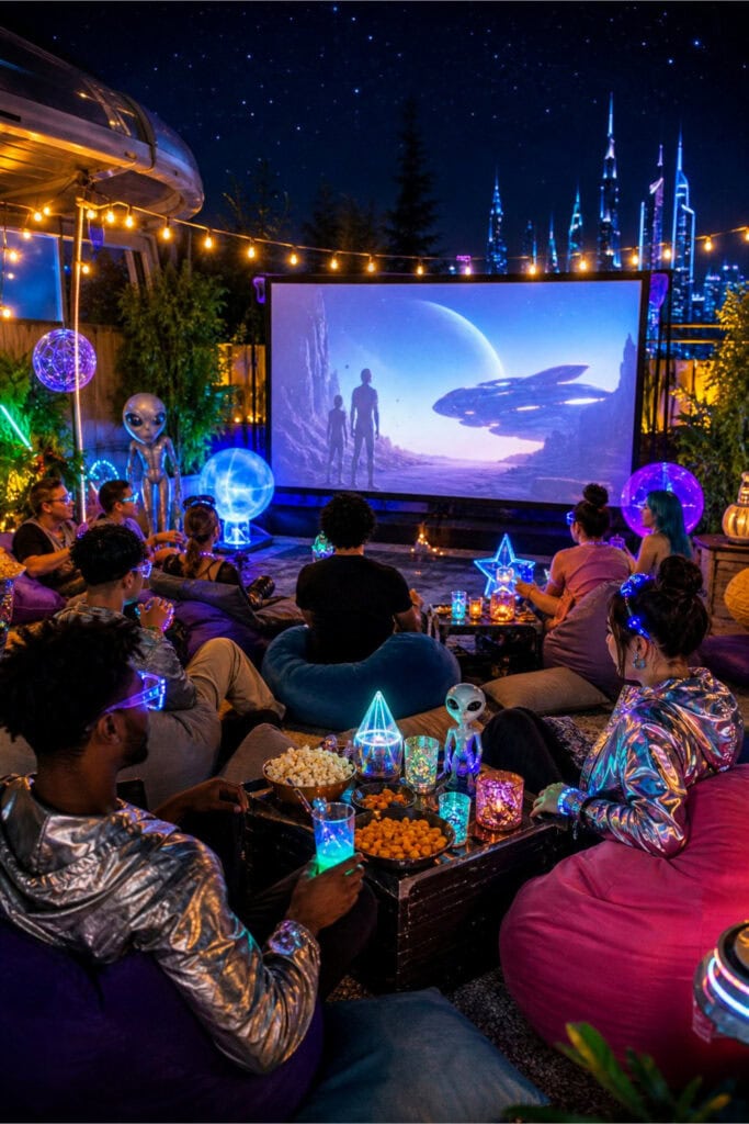 A group of friends enjoying an outdoor sci-fi fantasy themed movie night party with glowing decorations and a large screen under string lights at night.
