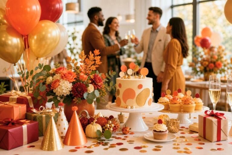 A festive party table with balloons, flowers, gifts, drinks, desserts, and guests celebrating in the background.