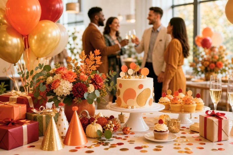 A festive party table with balloons, flowers, gifts, drinks, desserts, and guests celebrating in the background.