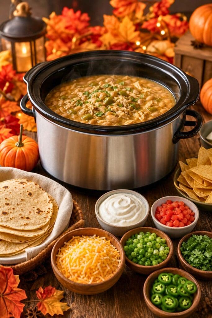 A slow cooker filled with white bean chicken chili surrounded by bowls of toppings and autumn decorations on a wooden table.