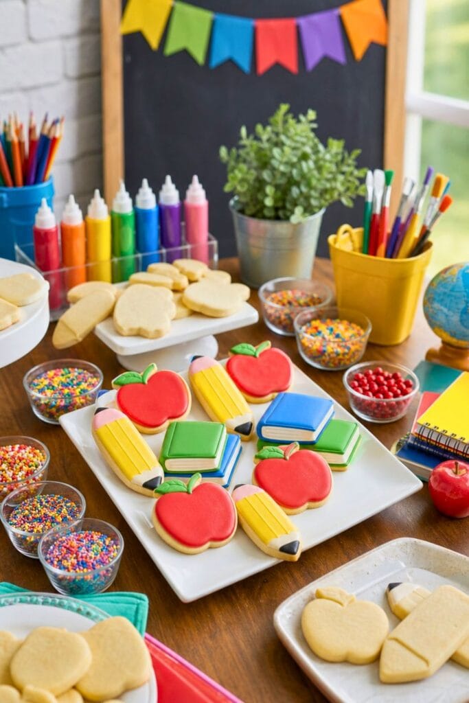 A table with frosted sugar cookies and decorating supplies arranged for a back to school party.