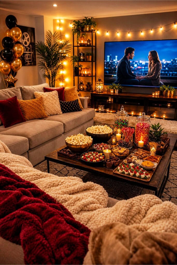 A living room arranged for a movie night party with a sofa, snacks on a coffee table, warm lighting, and a TV in the background.