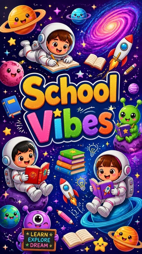Fun outer space school wallpaper with astronauts, rockets, books, planets, and School Vibes text.