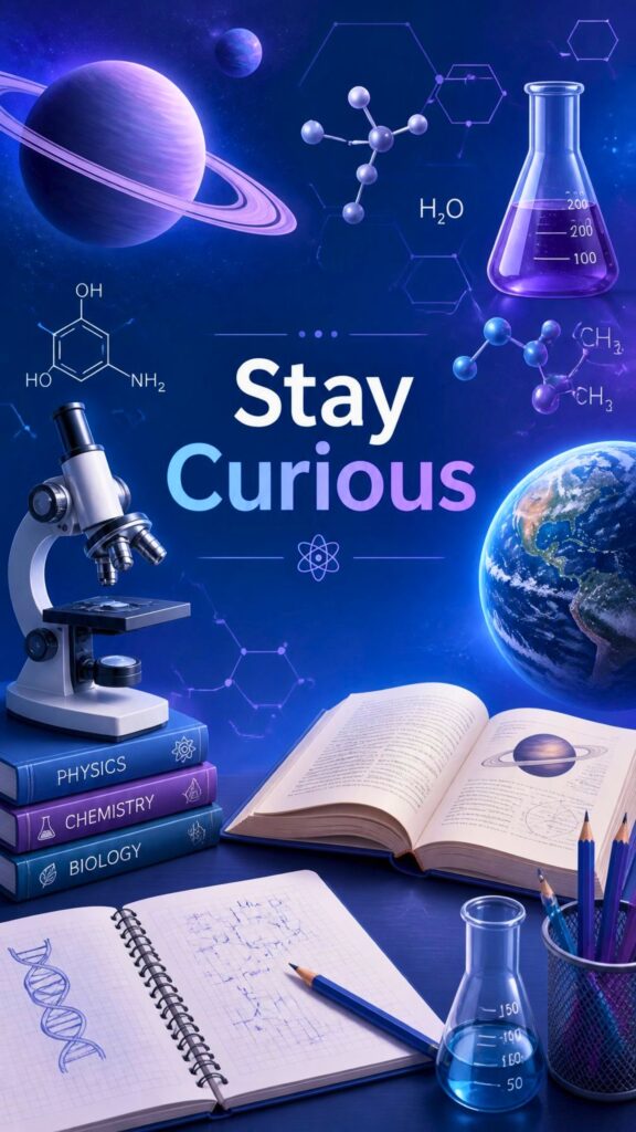 Science-themed wallpaper with planets, microscope, books, chemistry icons, and Stay Curious quote.