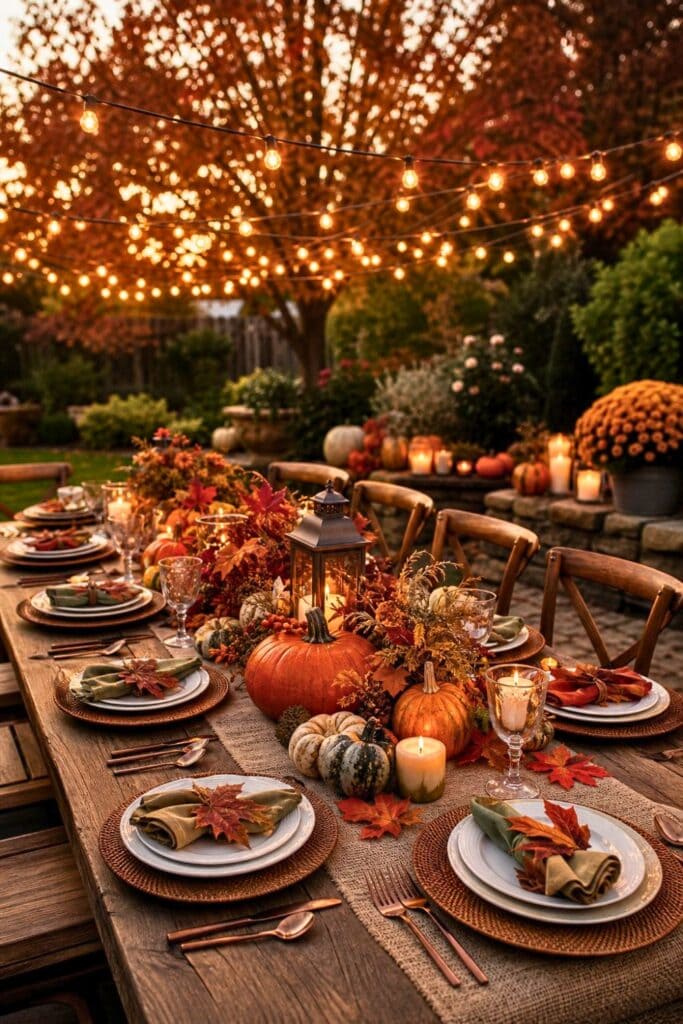 A backyard with a long wooden table decorated for a fall party under string lights hanging overhead.