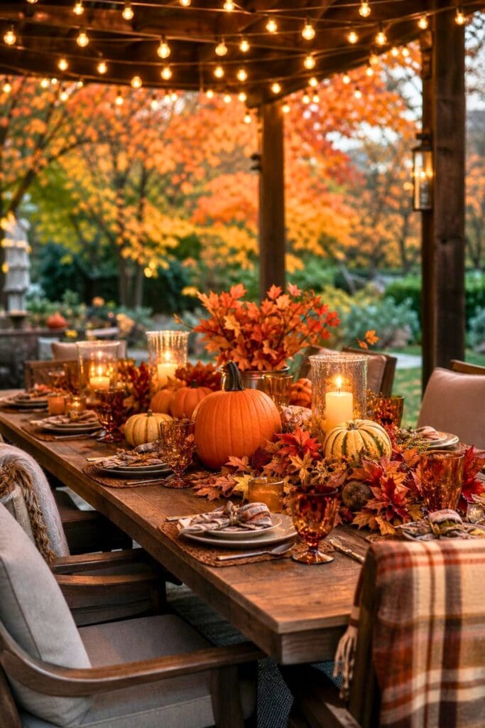 Outdoor dining table decorated with fall-themed items under string lights in a garden setting.