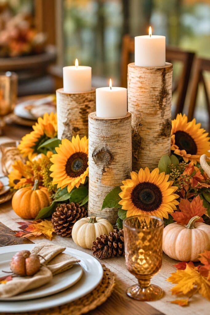 A fall tablescape with sunflowers, birch candleholders with lit candles, small pumpkins, pinecones, and autumn leaves on a wooden table.