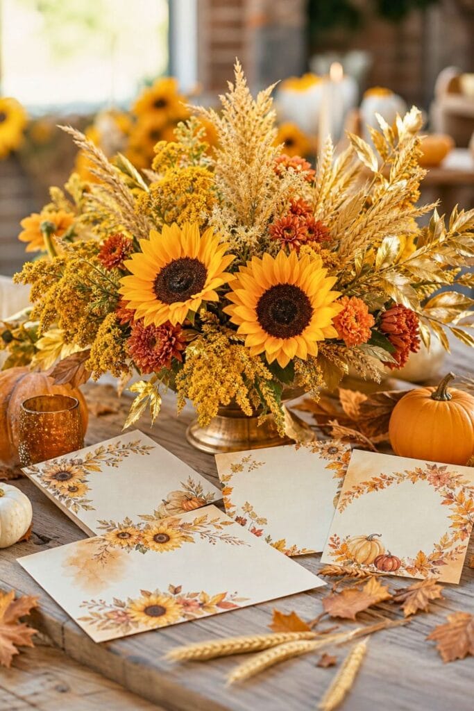 A fall harvest party setup with golden sunflowers, golden floral arrangements, paperless invitations, small pumpkins, dried leaves, and wheat stalks on a rustic wooden table.