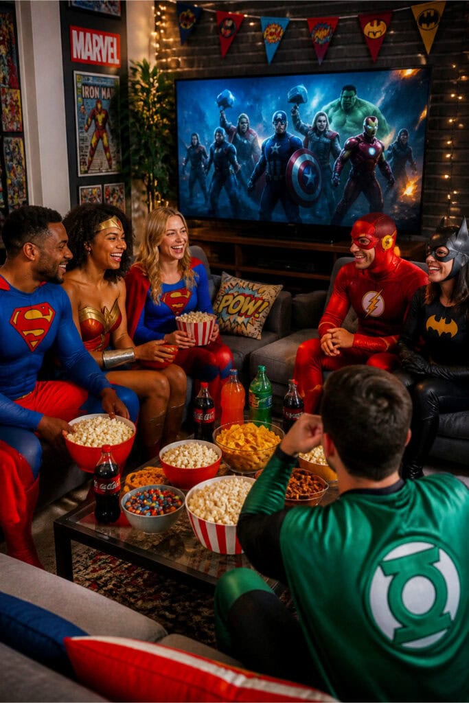 A group of people in superhero costumes enjoying a movie night party in a decorated living room with snacks and a large screen showing a movie.