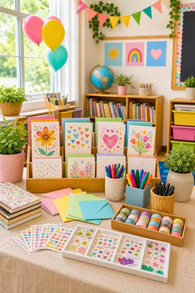 A teacher thank-you card station with colorful cards, pens, and decorations set up in a classroom for a back to school party.