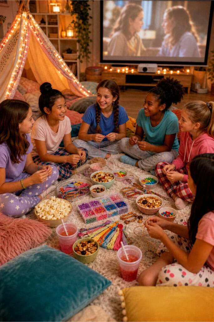 Children sitting on a carpet making friendship bracelets and eating trail mix during a movie night camp-in party indoors.