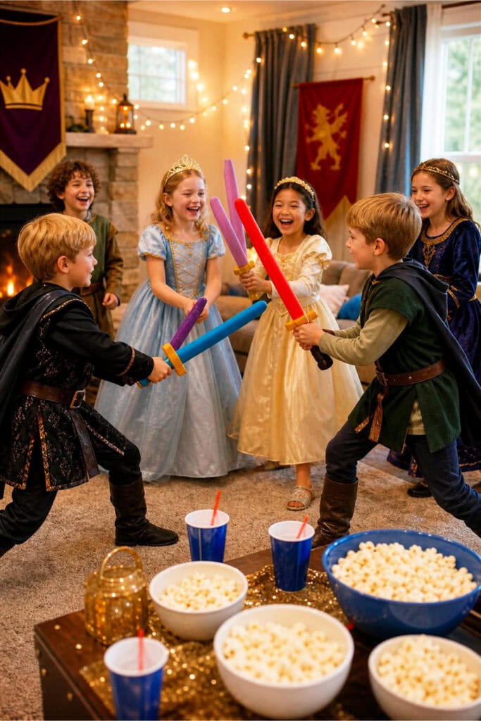 Children dressed in princess and knight costumes wearing capes and playing with foam swords at a lively indoor party.