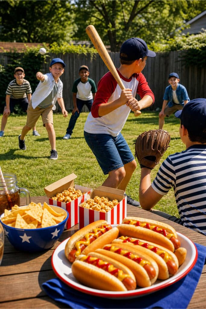Children playing baseball in a backyard with hot dogs and Cracker Jack snacks on a picnic table nearby.