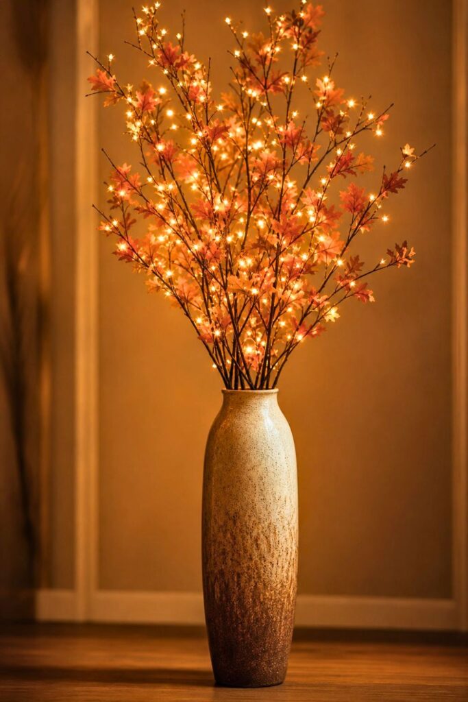 Tall floor vase holding branches decorated with glowing twinkle lights.