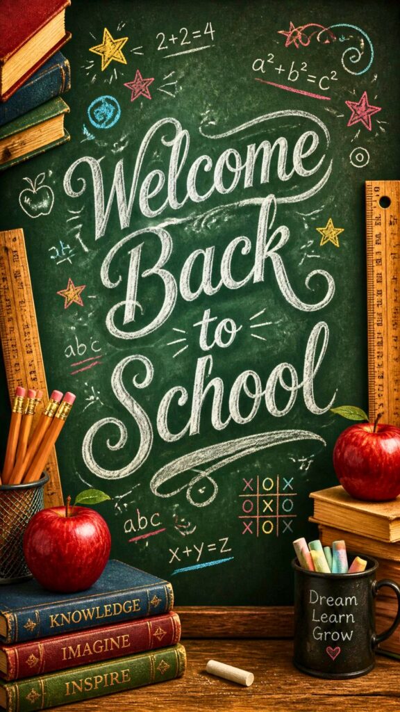 Classic green chalkboard phone wallpaper with books, pencils, apples, and Welcome Back to School text.