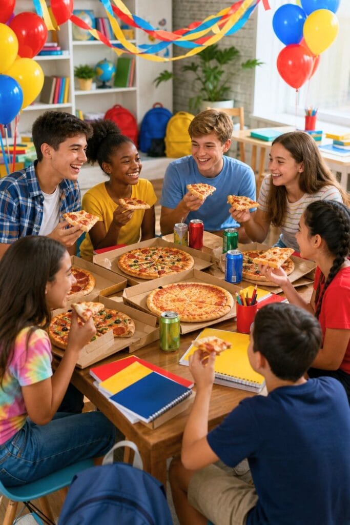 Children and adults enjoying a pizza party with colorful decorations and school supplies around a table.