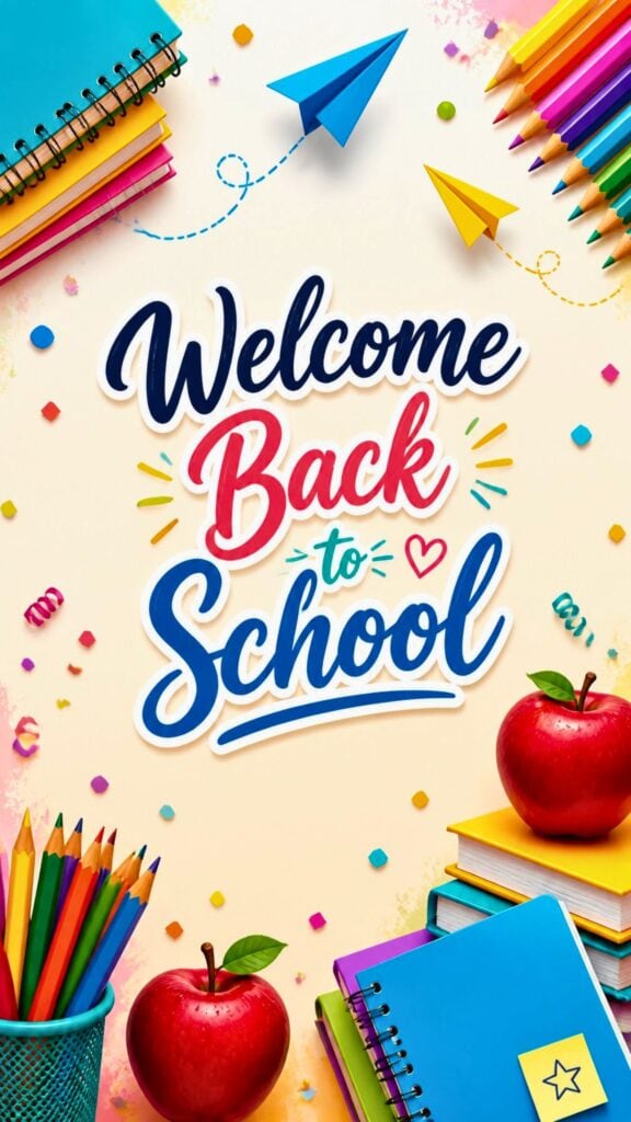 Bright back to school phone wallpaper with pencils, notebooks, apples, confetti, and Welcome Back to School text.