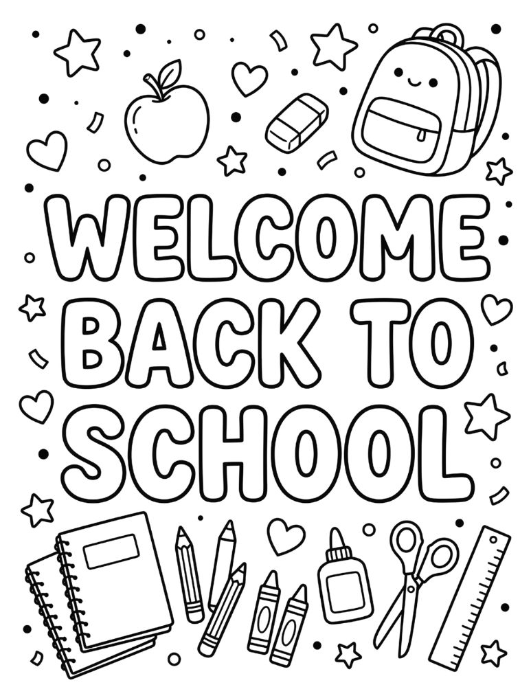 Welcome Back to School coloring page with bubble letters, smiling school supplies, backpack, apple, stars, and crayons.